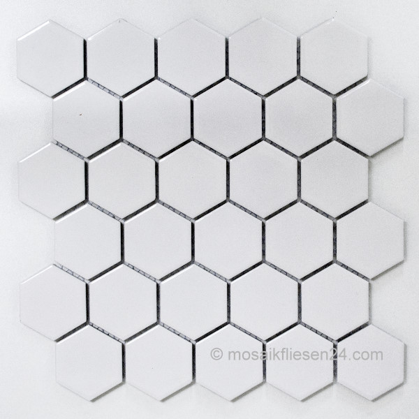 1 Karton/ 12 Matten Keramikmosaik Hexagon 51 weiss glänzend