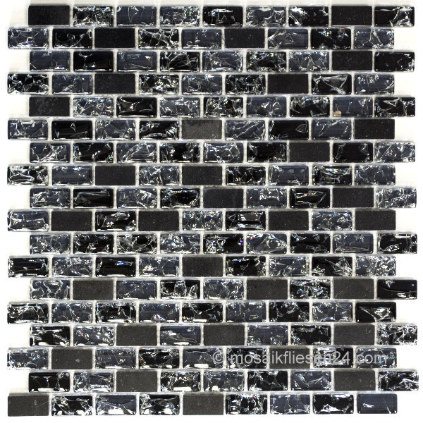 1 Karton / 5 Matten Crystal Naturstein Mosaik 15x30 brix schwarz