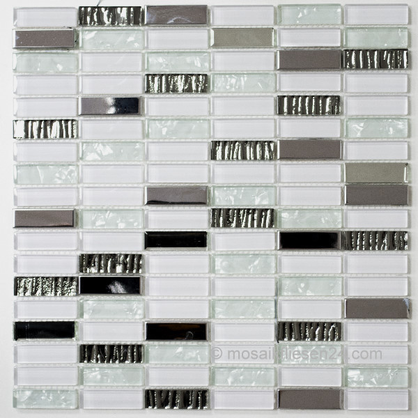 1 Karton / 5 Matten Crystal Naturstein Mosaik 15x48 Line Mix weiss 5M silber stahl