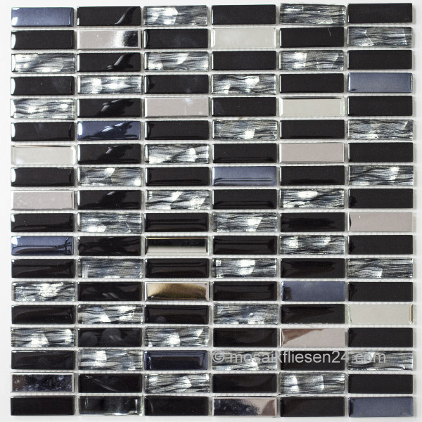92-0203_b Mosaik Fliese Transluzent Edelstahl schwarz Glasmosaik Crystal  Wand 