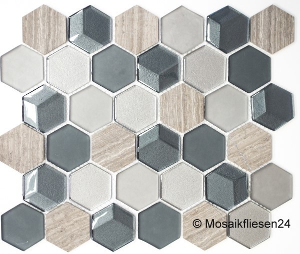 1 Karton / 6 Matten Crystalmosaik-Stein Hexagon grau mix