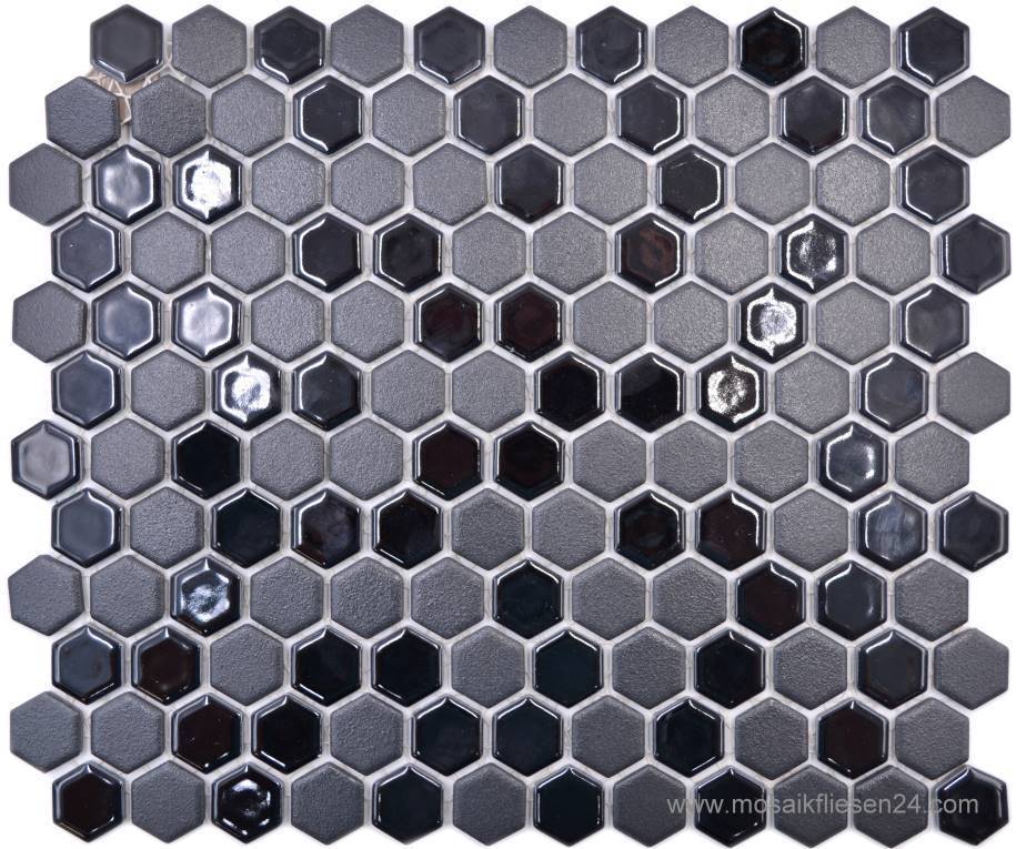 1 Karton/ 12 Matten Keramikmosaik Hexagon 23 schwarz glänzend