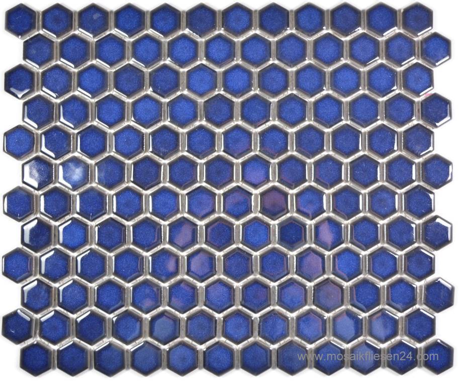 1 Karton/ 12 Matten Keramikmosaik Hexagon 23 kobaltblau glänzend
