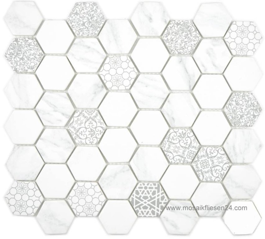 1 Karton / 11 Matten Keramikmosaik Hexagon Zen 45 Druckdesign hellgrau 11M